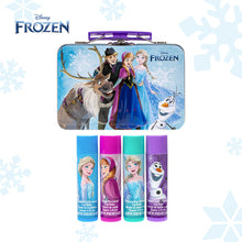 Load image into Gallery viewer, Disney Frozen 4pc Flavoured Lip Balm Set with Tin Can Bag Non Toxic – Plant Based Makeup Toys for Kids Ages 3 years and Up