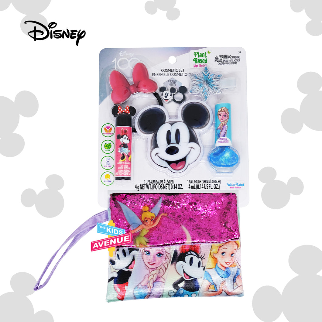 Disney 100 Cosmetic Set Lip Balm and Nail Polish with Mirror and Free Bag Non Toxic – Plant Based Makeup Toys for Kids Ages 3 years and Up