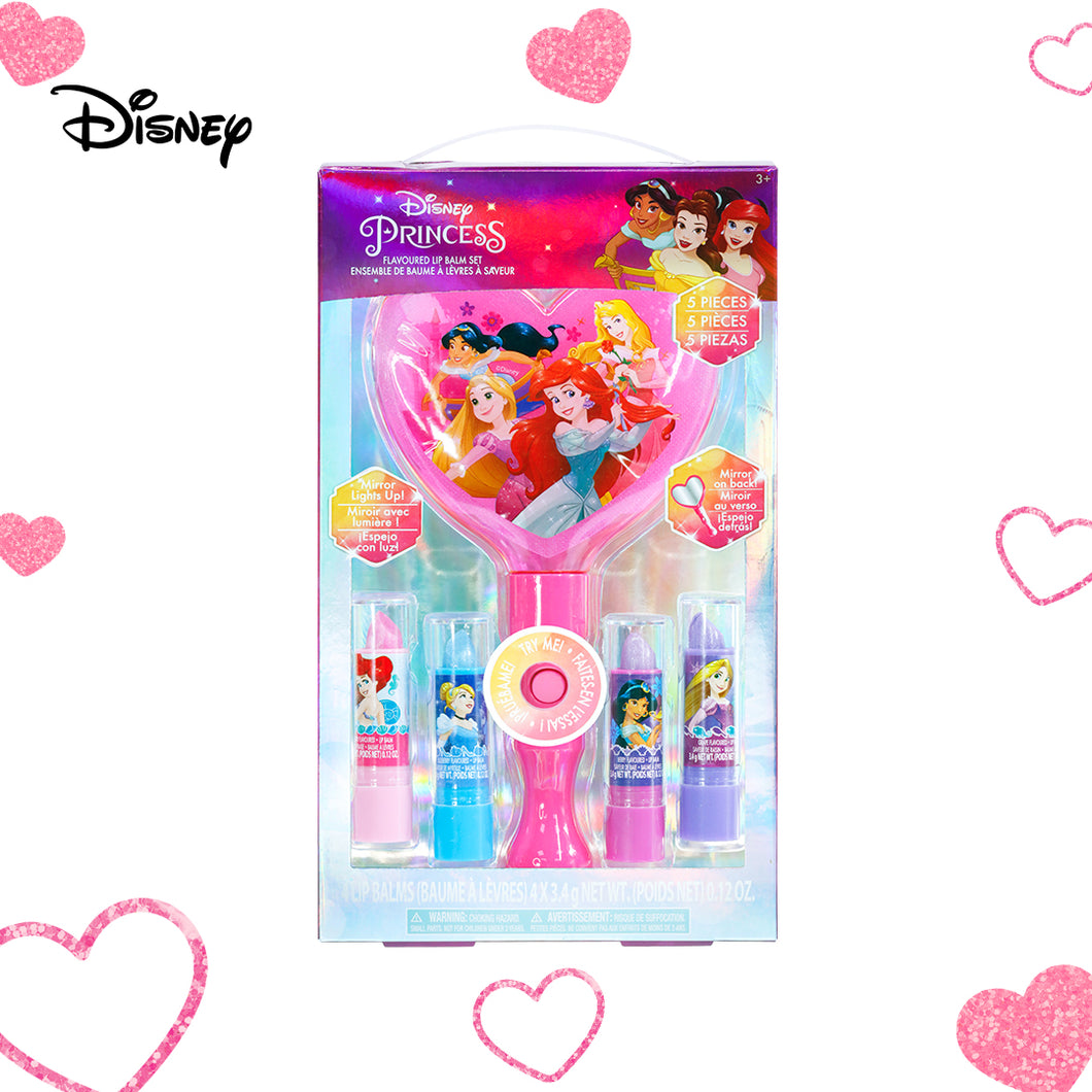 Disney Princess 4pc Flavoured Lip Balm with Light Up Mirror for Girls – Makeup Toys for Kids Ages 3 and Up