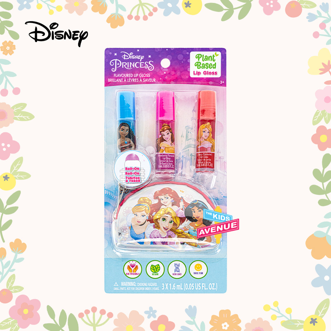 Disney Princess 3pc Flavoured Roll On Lip Gloss with Bag Non Toxic – Plant Based Makeup Toys for Kids Ages 3 years and Up