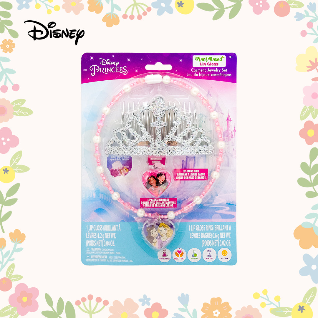 Disney Princess Cosmetic Jewelry Set with Lip Gloss and Hair Crown Non Toxic – Plant Based Makeup Toys for Kids Ages and Up
