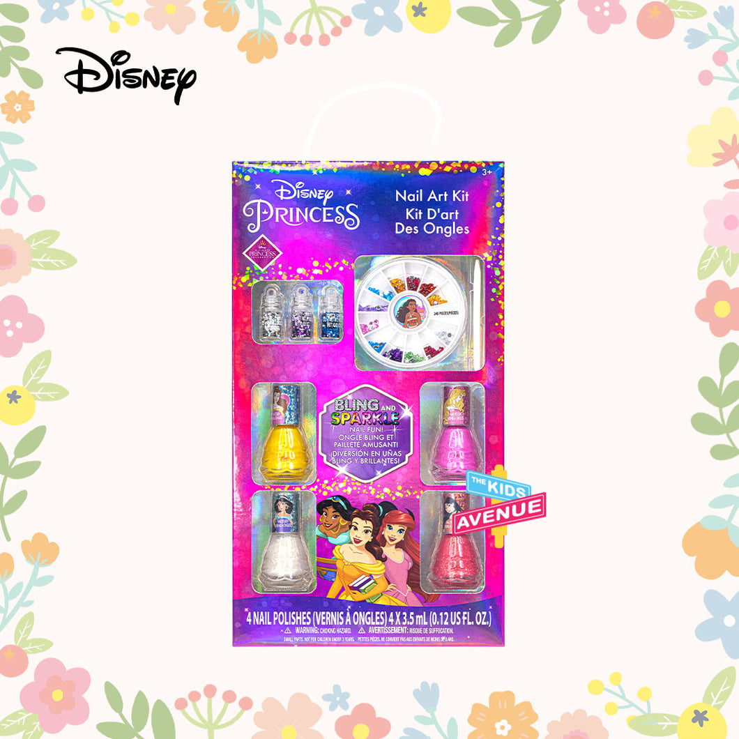 Disney Princess 4pc Nail Polish with Nail Art Kit Non Toxic – Plant Based Makeup Toys for Kids Ages 3 years and Up