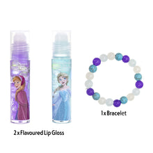 Load image into Gallery viewer, Disney Frozen Bracelet w 2pc Lip Gloss Watermelon and Grapes Flavor Non Toxic – Plant Based Makeup Toys for Kids Ages 3 years and Up

