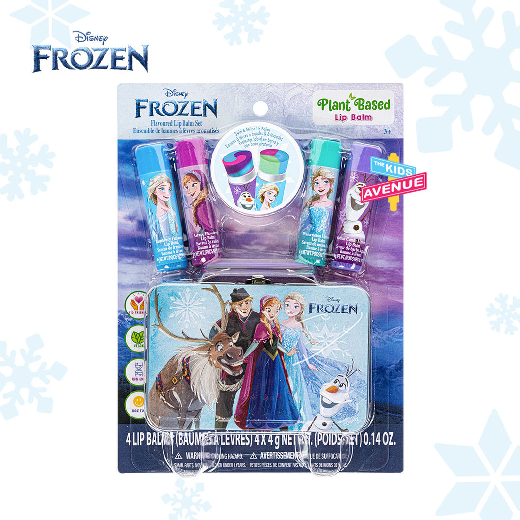Disney Frozen 4pc Flavoured Lip Balm Set with Tin Can Bag Non Toxic – Plant Based Makeup Toys for Kids Ages 3 years and Up