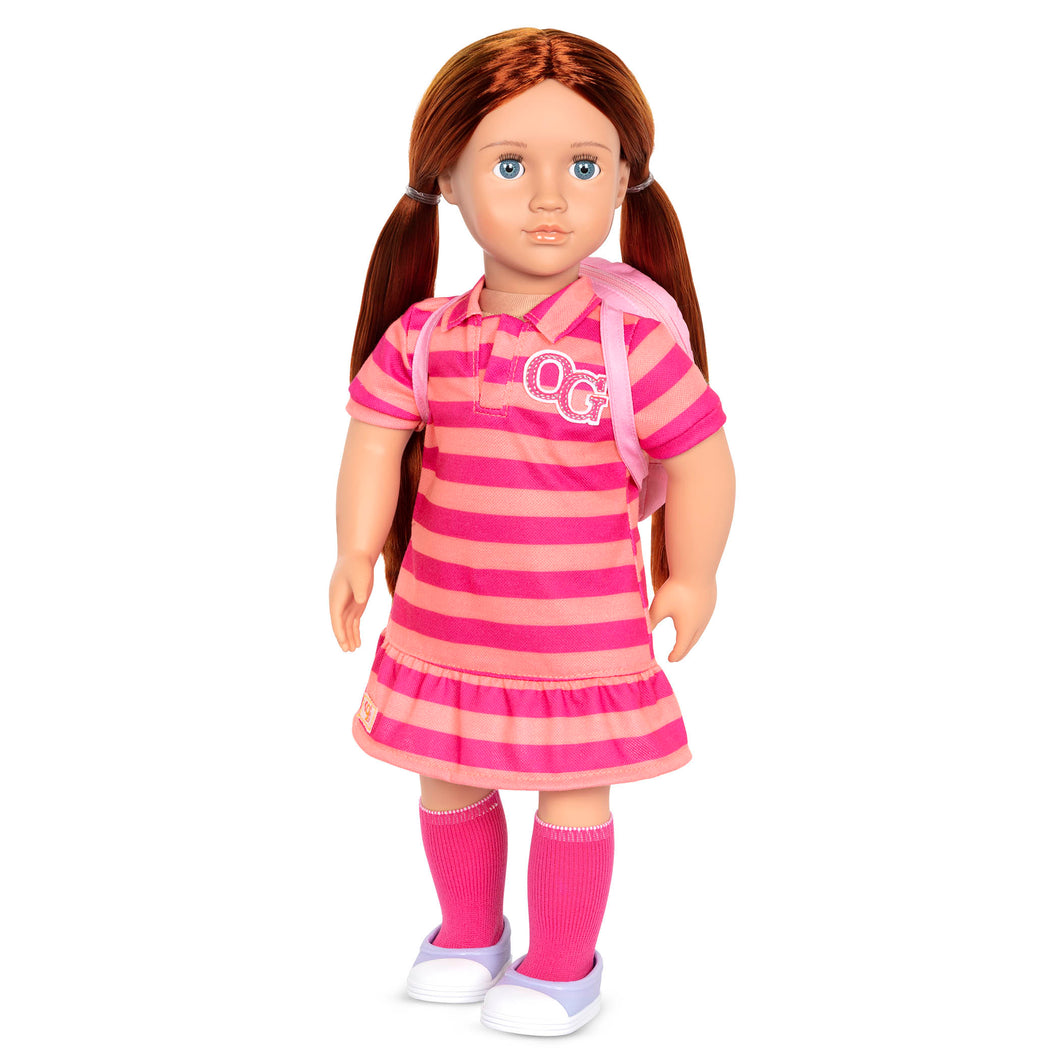 18 inches Doll - Our Generation Kimmy with striped Dress & Polka Dot Knapsack