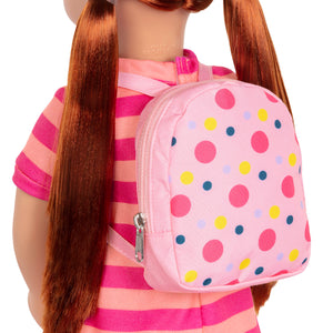 18 inches Doll - Our Generation Kimmy with striped Dress & Polka Dot Knapsack