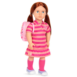 18 inches Doll - Our Generation Kimmy with striped Dress & Polka Dot Knapsack